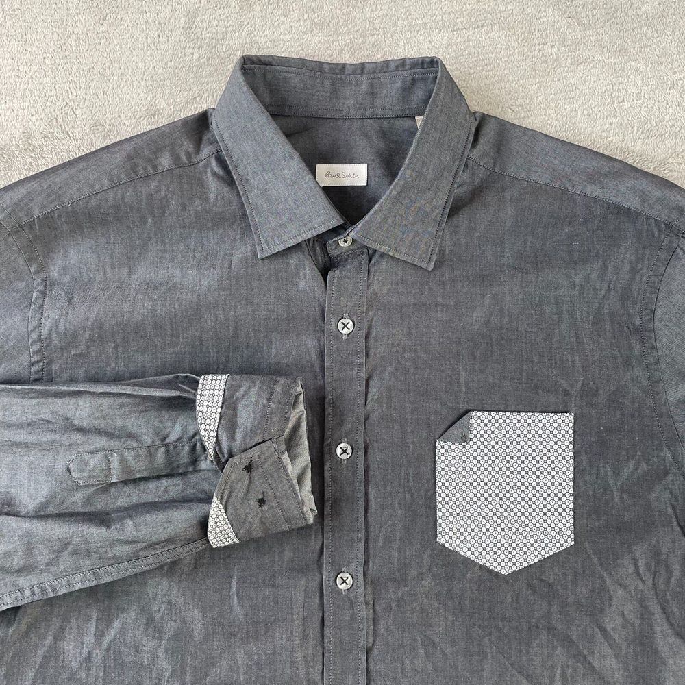Paul Smith PS Shirt Men Large Grey Long Sleeve Contrast Pocket Designer Italy